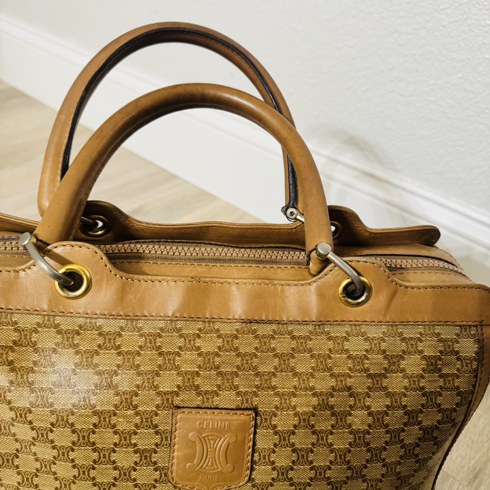 CELINE Tan Brown Coated Canvas Leather Macadam Top Handle Boston Bag Italy Auth.