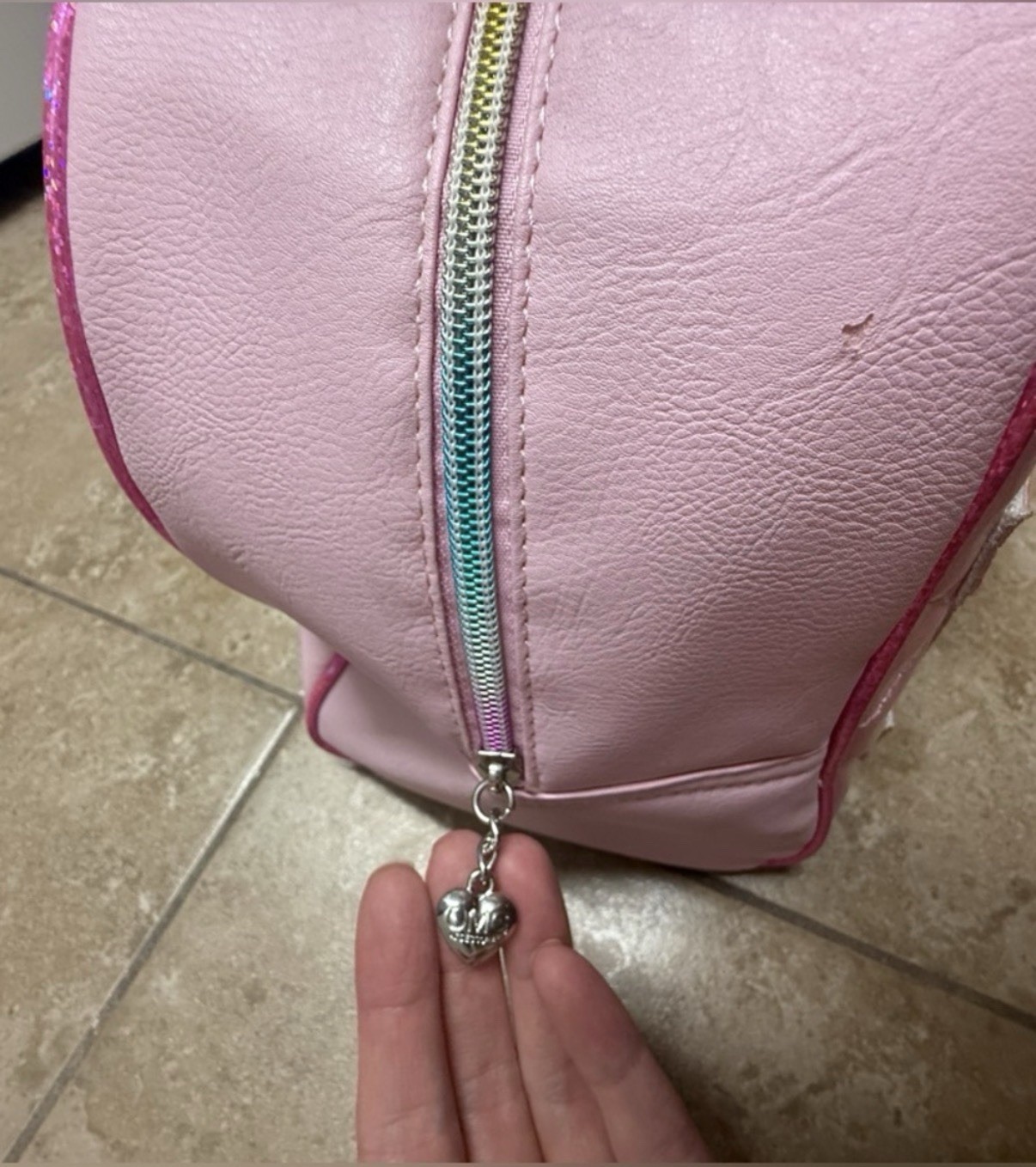 OMG Accessories Pink Quilted Glitter LOVE Large Duffle Bag Zip w Bag Charm