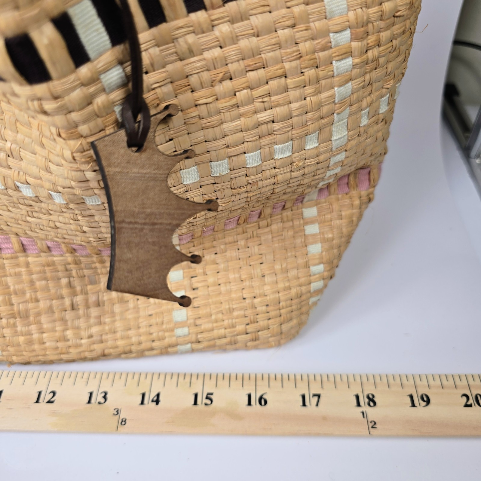 Elaine Turner Woven Straw Tote Bag & Matching Zip Pouch Leather Trim 18″ EUC