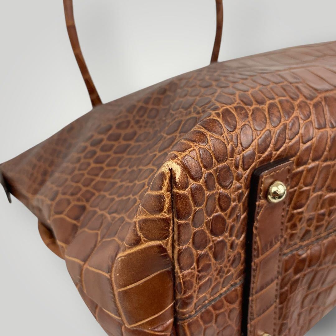 Max Mara Tote Bag Brown Croc Embossed Leather Shoulder Handbag Women USED