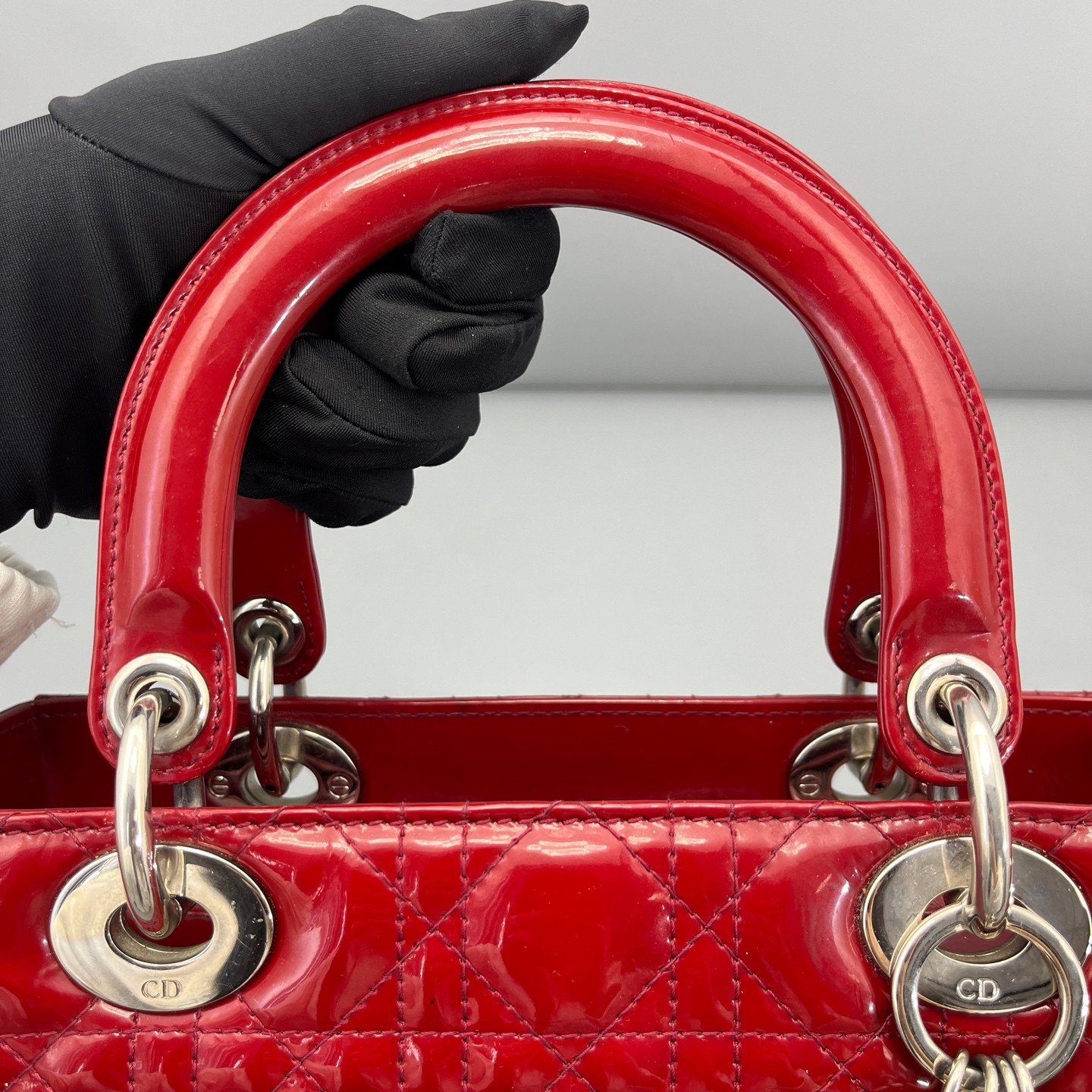 AUTH DIOR Lady Dior Medium Red Patent Leather Top Handle Bag.