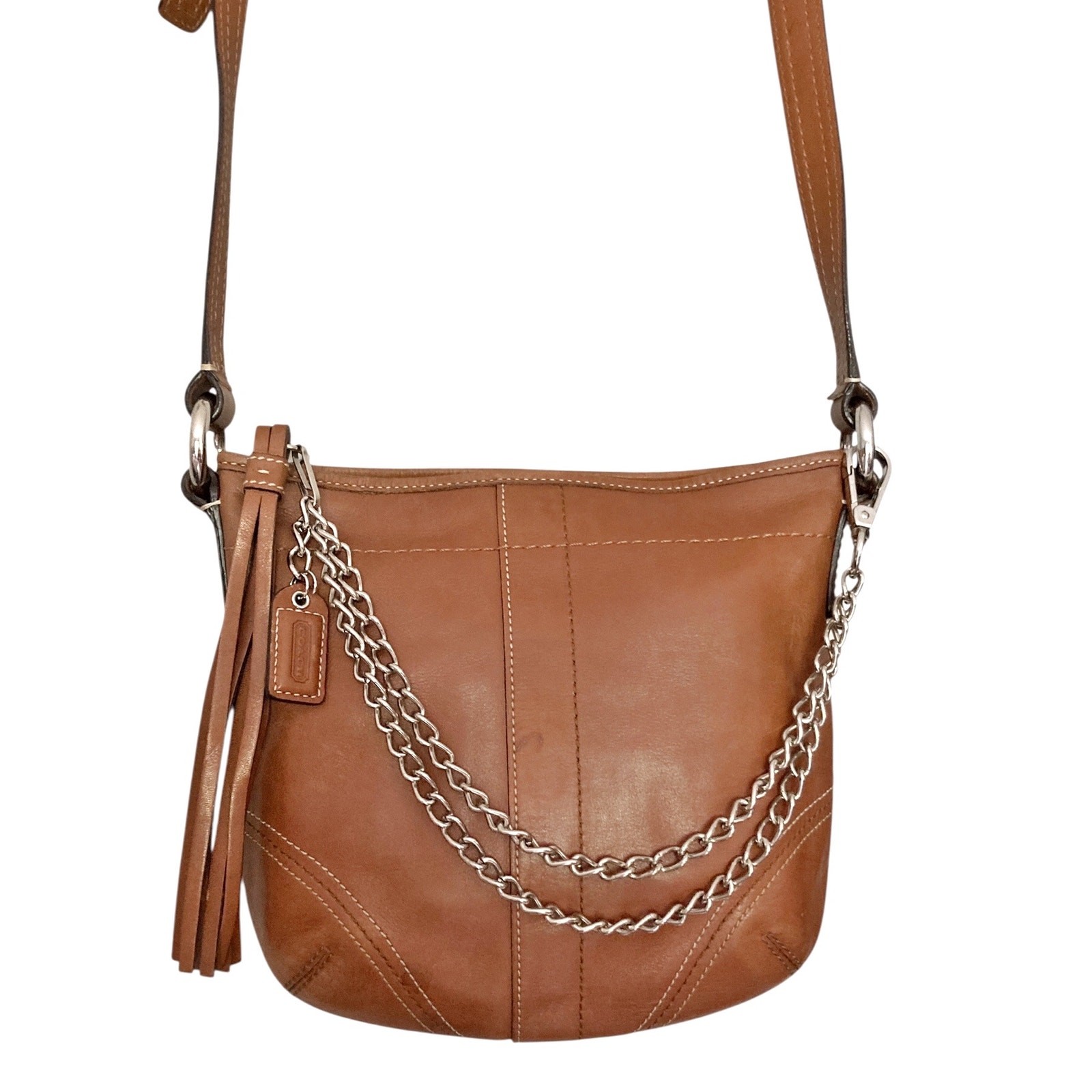 Coach Legacy Tassel Duffle Hobo Cognac Leather Crossbody Reworked Chain Bag EUC