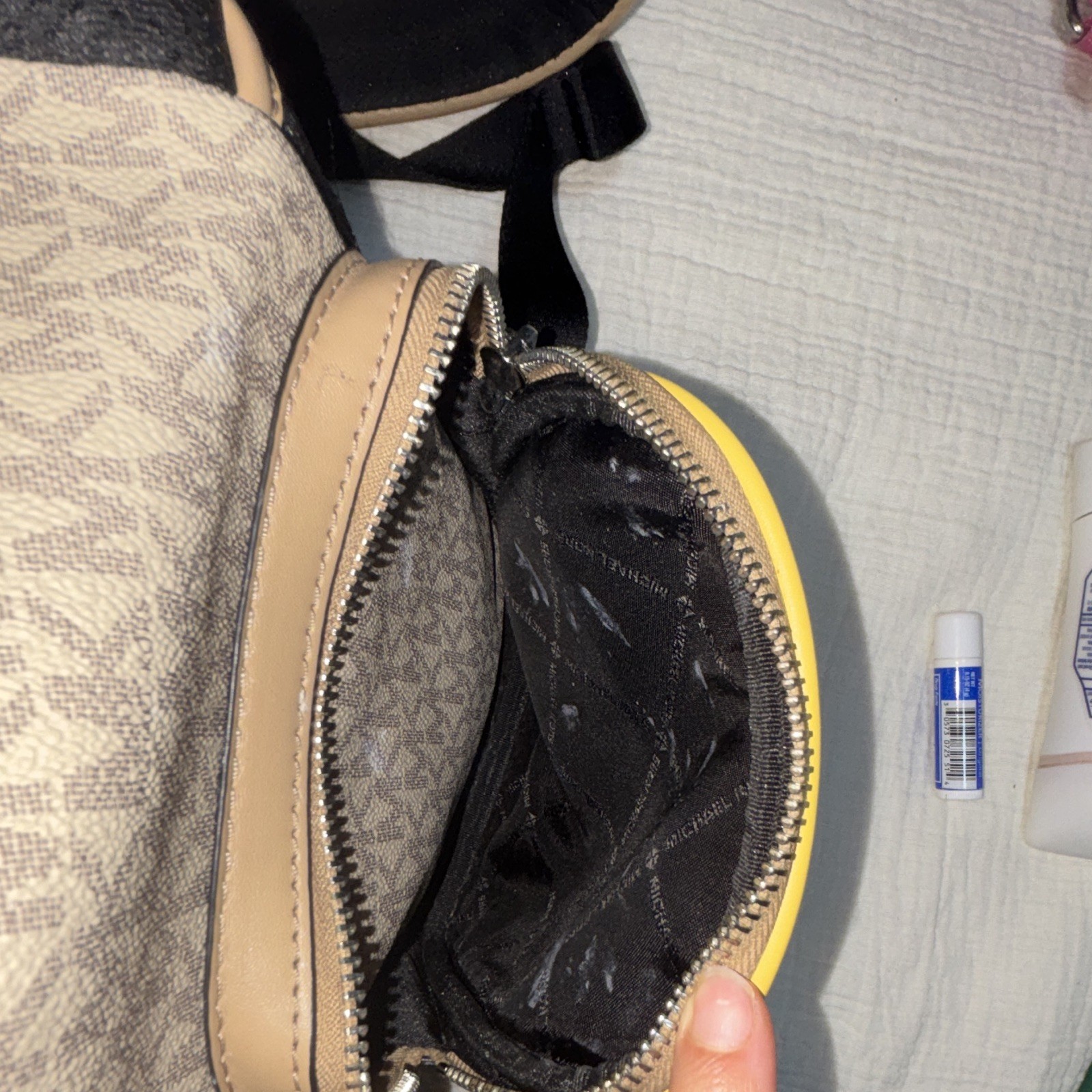 Michael Kors Monogram Backpack Beige Brown Yellow Drawstring Buckle Gold HW