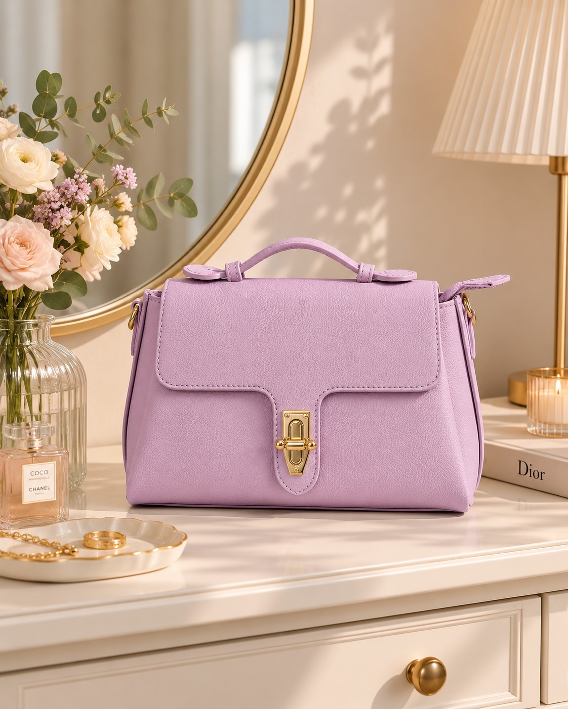 Lilac Italian Leather Crossbody Bag, Structured Top Handle Purse, Trendy Bag