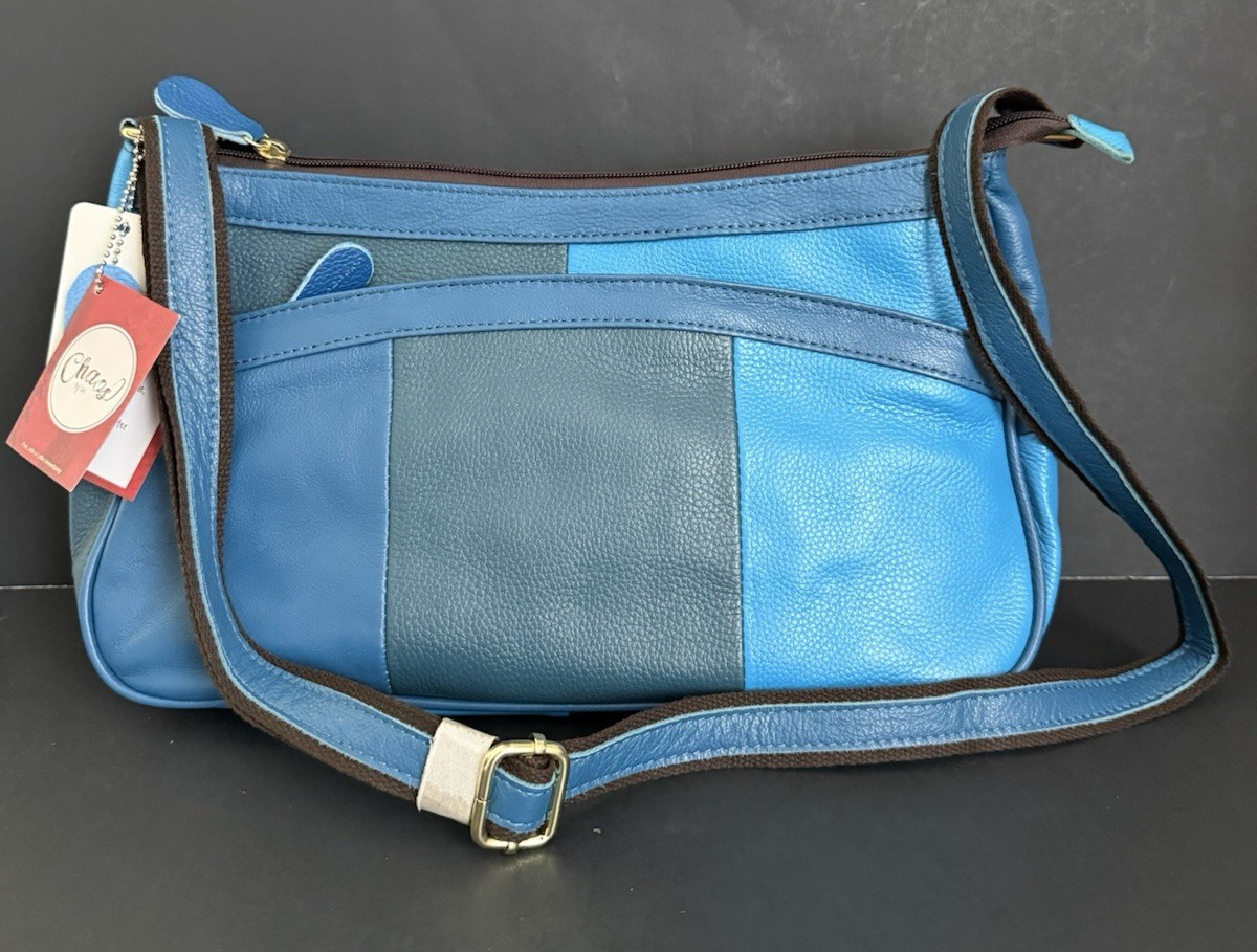 Chaos Blue Patchwork Leather Purse Gold Tone Hardware 14″ Long New With Tags