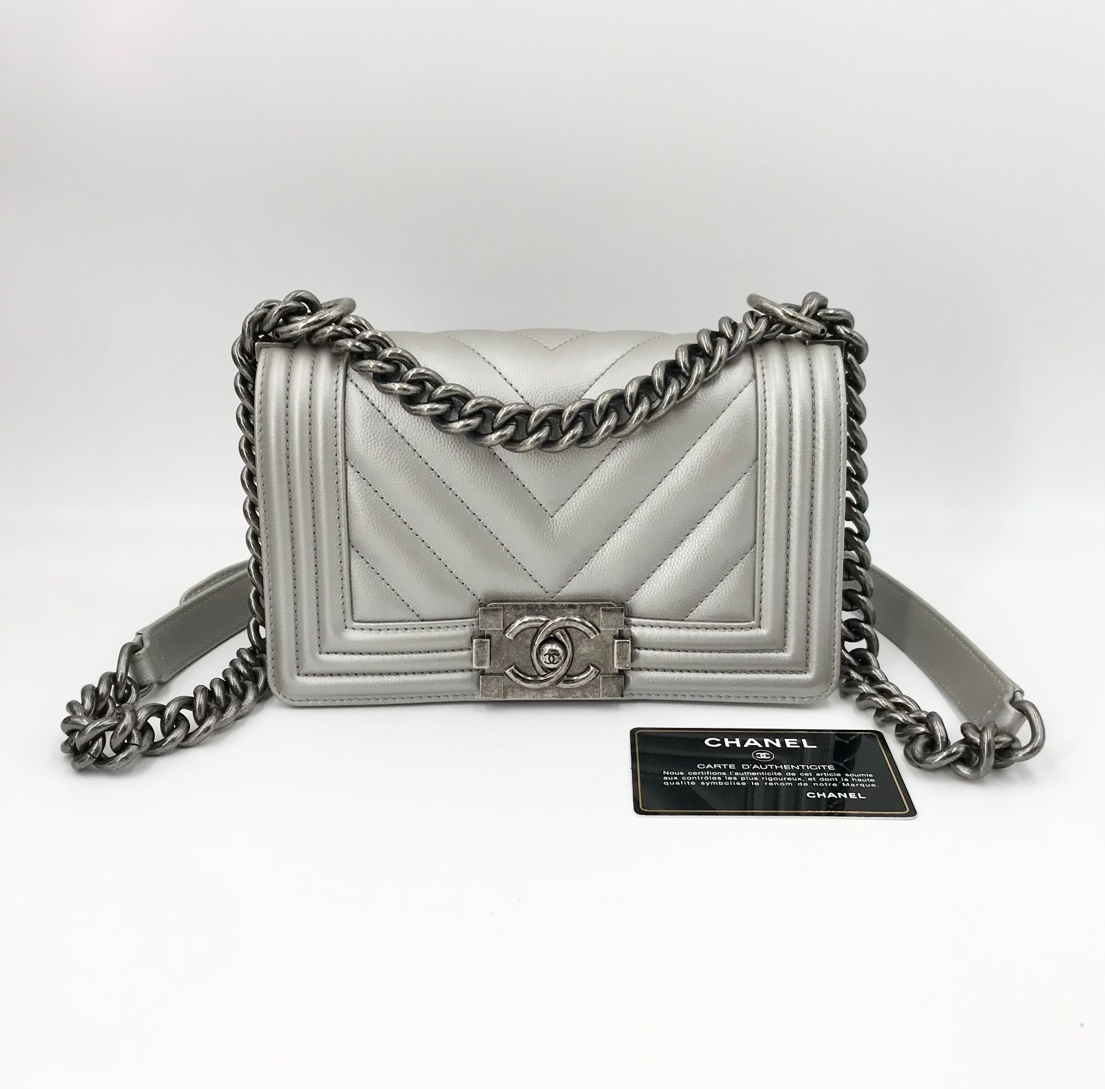 Chanel Leboy Small Chevron Silver Chain Bag Almost Brand NEW A67085