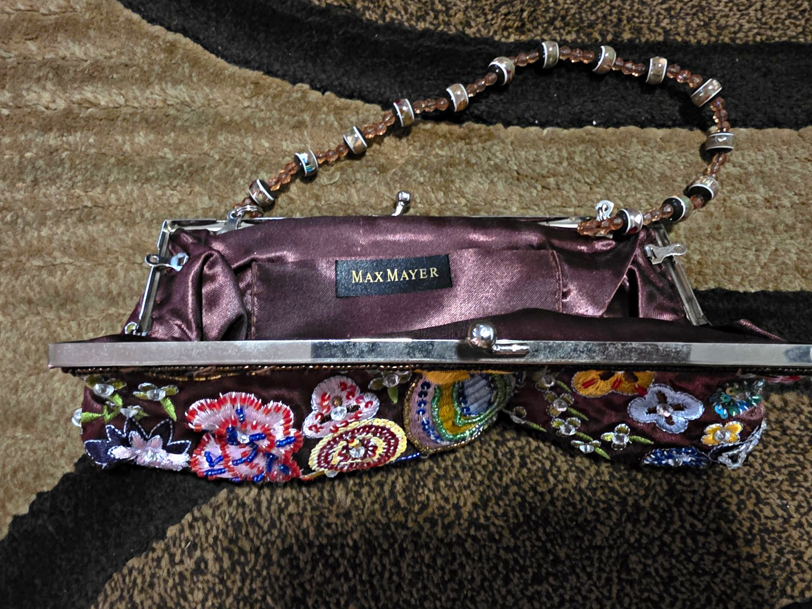 Max Mayer Brown Floral Beaded Embroidered Kiss Lock Clutch Wrist Strap Lined