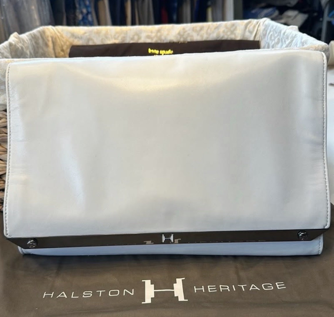 Halston Heritage White Foldover Clutch Chain Strap Magnetic Closure Dust Bag