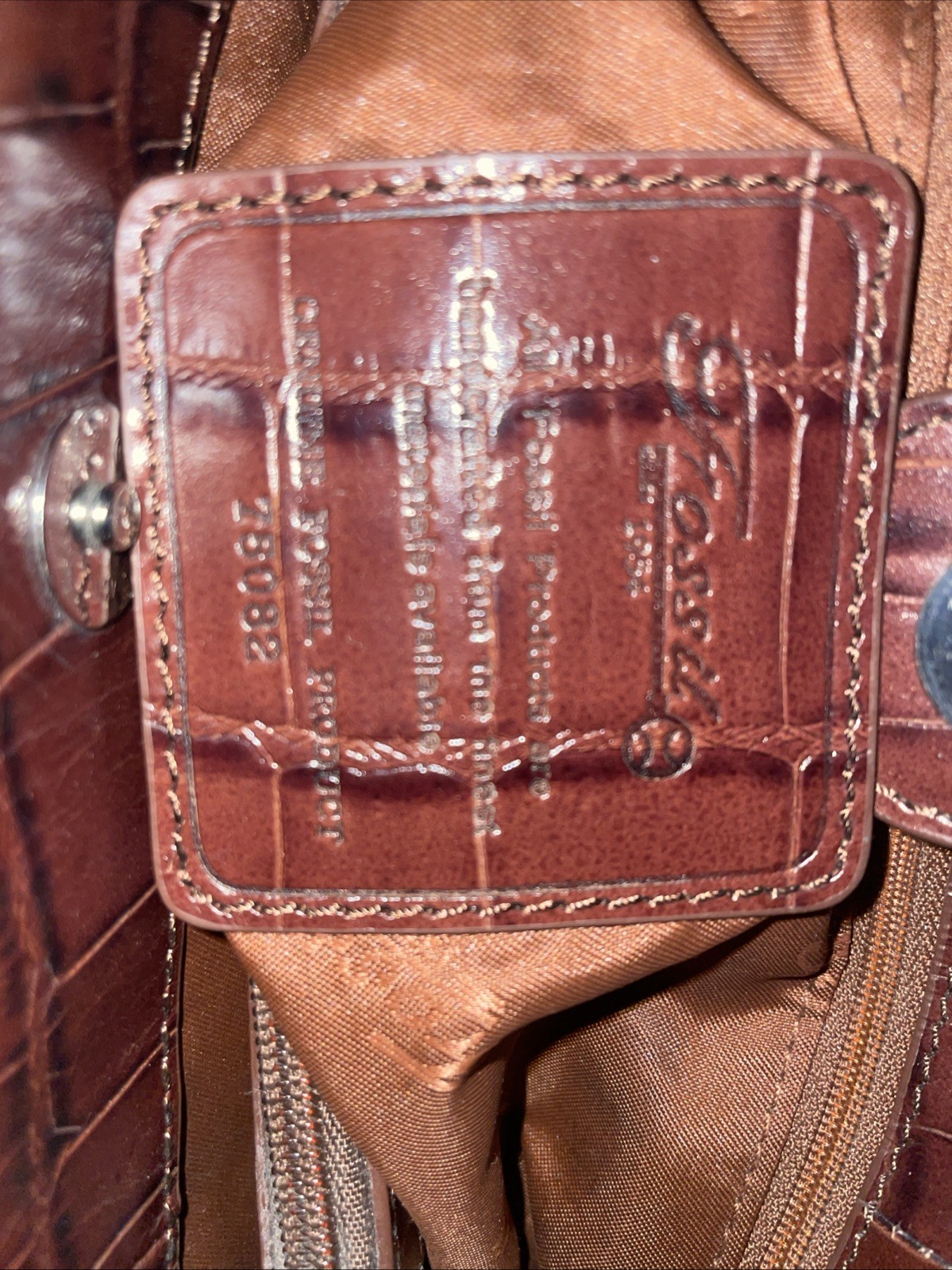 Fossil Tapestry Shoulder Bag Leather Croc Double Strap & Bottom VTG 75082 Brown