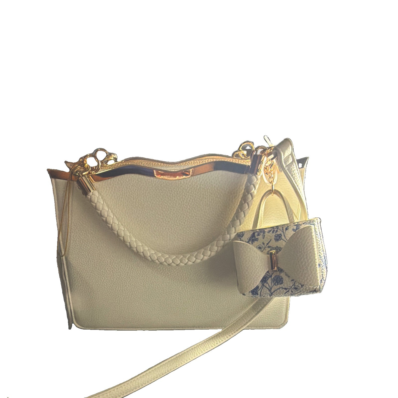 Courage Ivory Medium Shoulder Bag Zip Closure Chain Strap Bow Charm