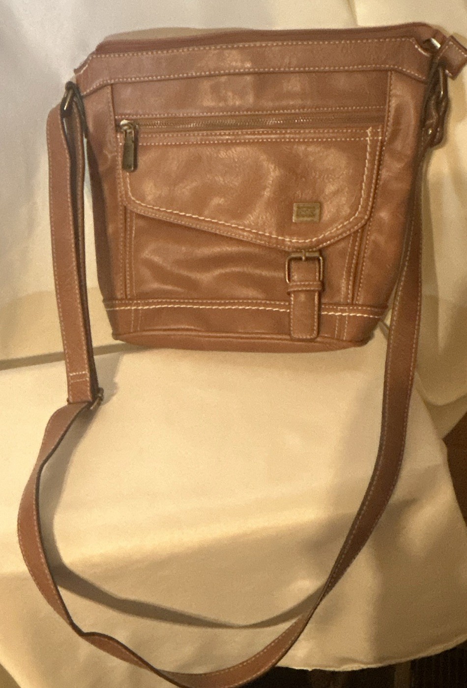 bolo Brown Crossbody Bag Zip + Buckle Buckle/Strap Accents Gold Pockets