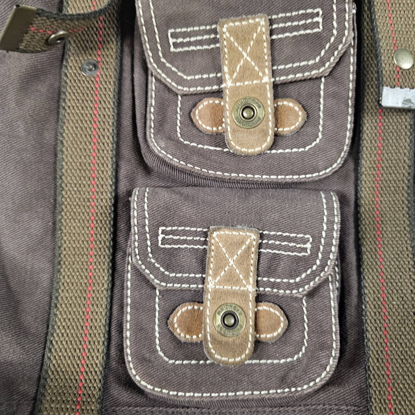 UnionBay Y2K Shoulder Bag Cotton Twill Leather Trim Magnetic Lock Pockets Brown