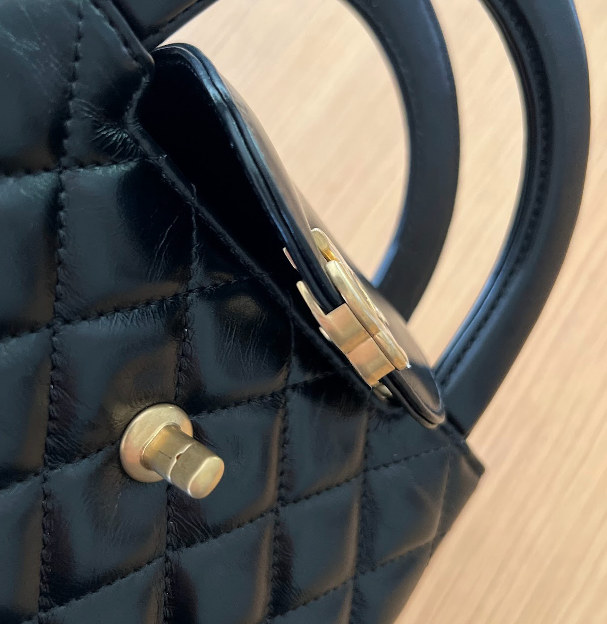 NEW Chanel Mini Kelly Top Handle Aged Calfskin Bag Black Brushed Gold Hardware