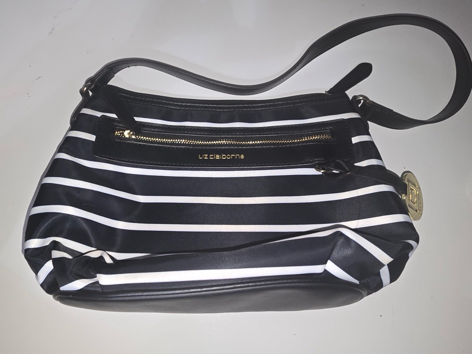 Liz Claiborne White And Black Stripe Crossbody Purse 10 Inches