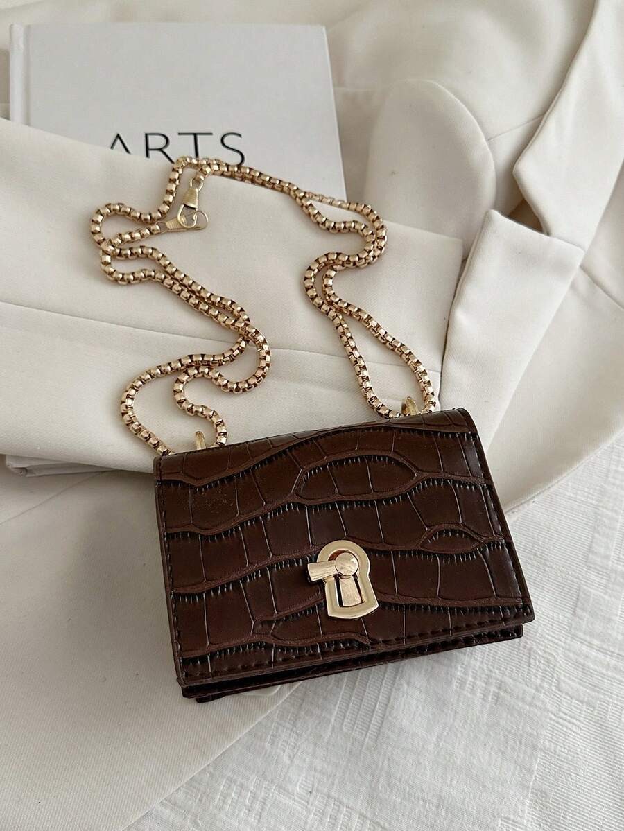 Mini Square Bag Turn Lock Chain Strap Fashionable Shoulder Crossbody Purse