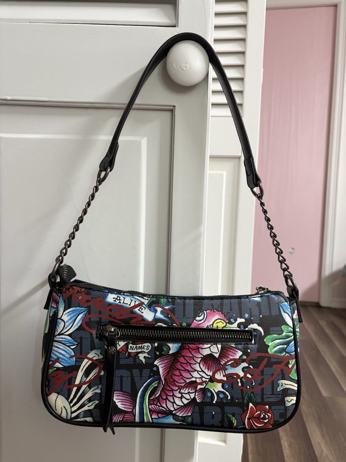 Ed Hardy ‘Love Kills Slowly’ Shoulder Bag W/Adjustable Strap + Pink Wallet