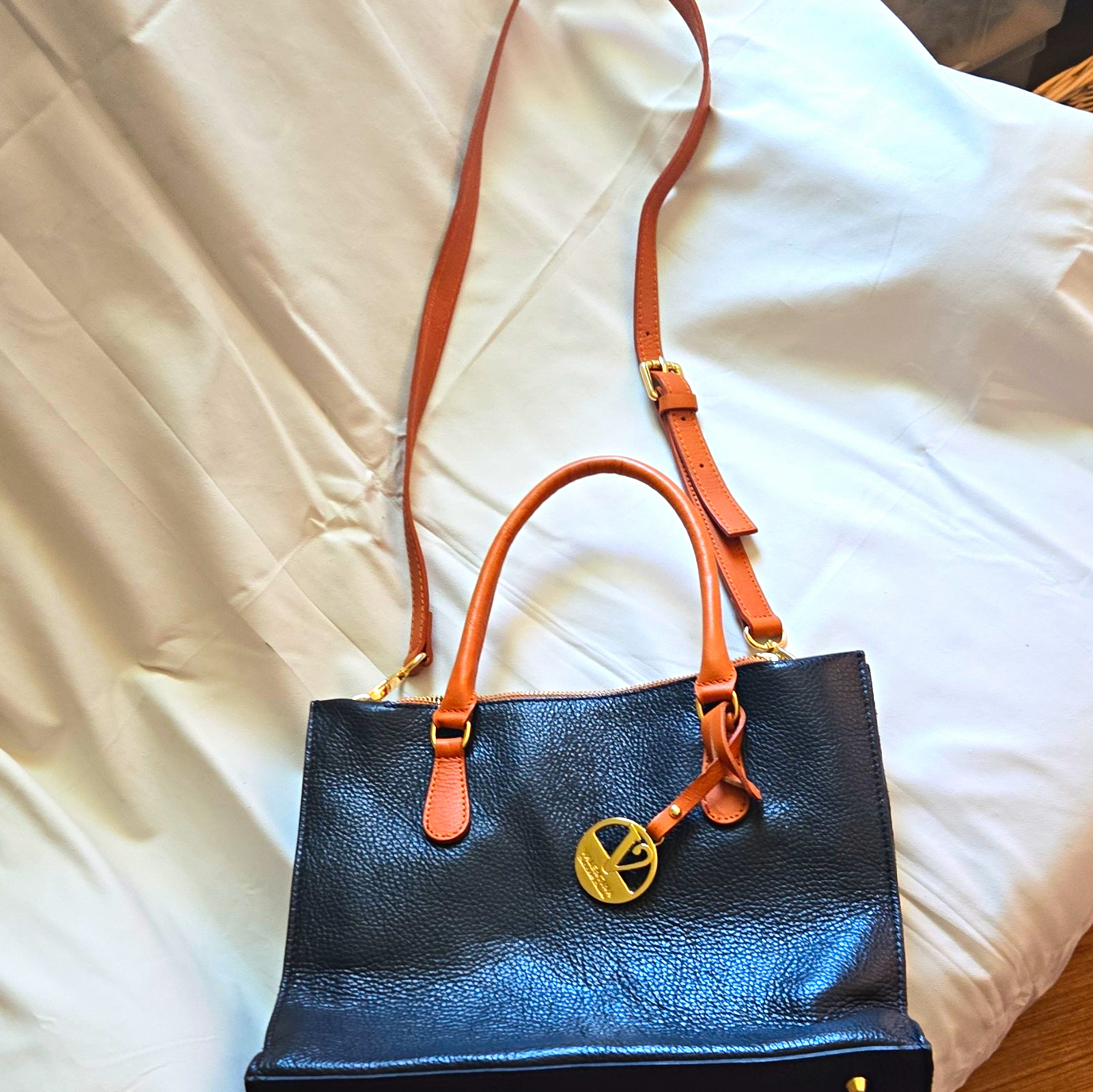 Valentina Black Pebbled Satchel Top Handle Bag Brown Strap Gold Hardware Zip