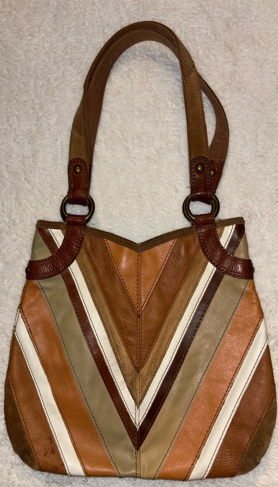 Vtg Lucky Brand Patchwork Leather Tan Brown Chevron Striped Shoulder Bag Hippie