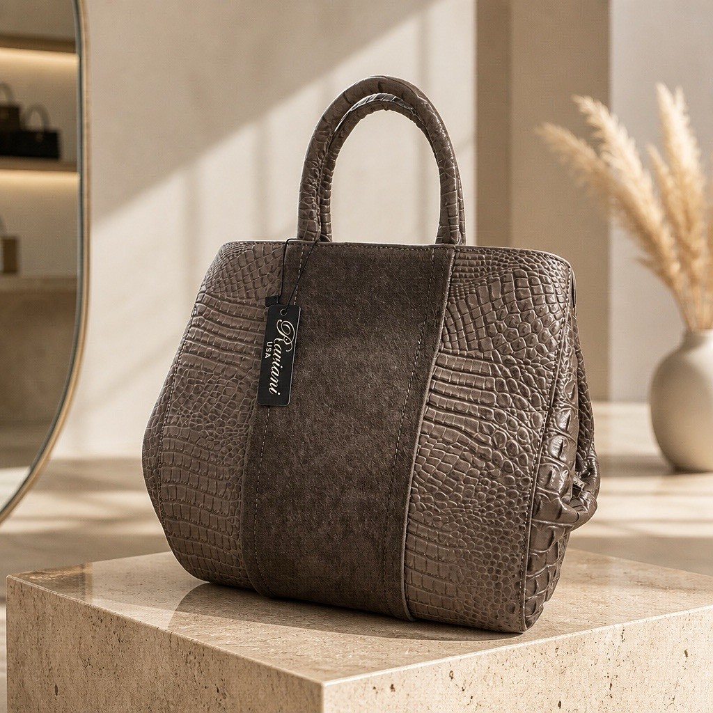 Raviani Satchel Bag in Gray Crocodile & Gray Calfskin Leather