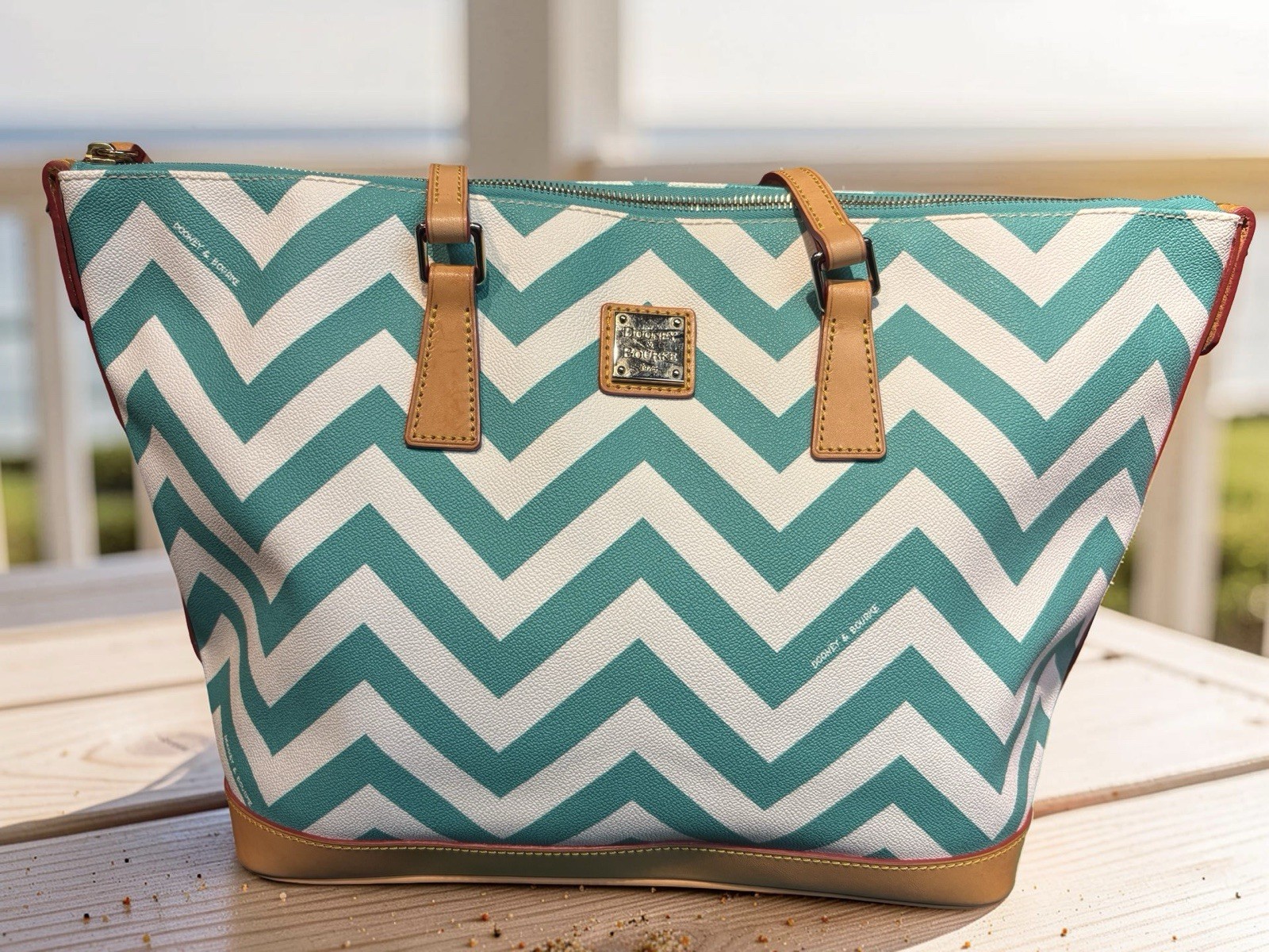 Dooney Bourke Turquoise Spearmint Green Chevron Large Shopper Tote Shoulder Bag