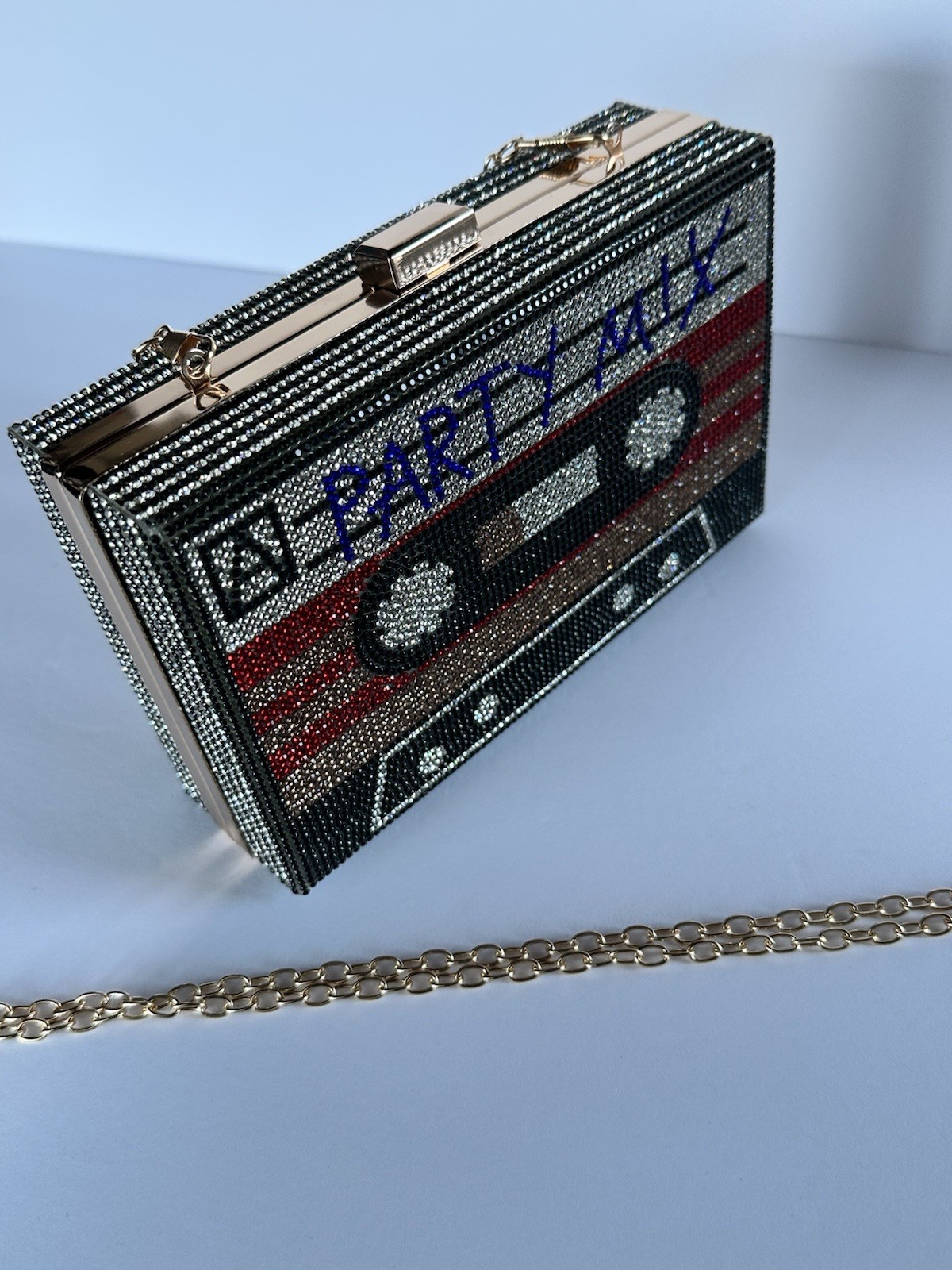 Rhinestone Cassette Tape Clutch Purse Party Mix Hard Case Bag w/2 Straps