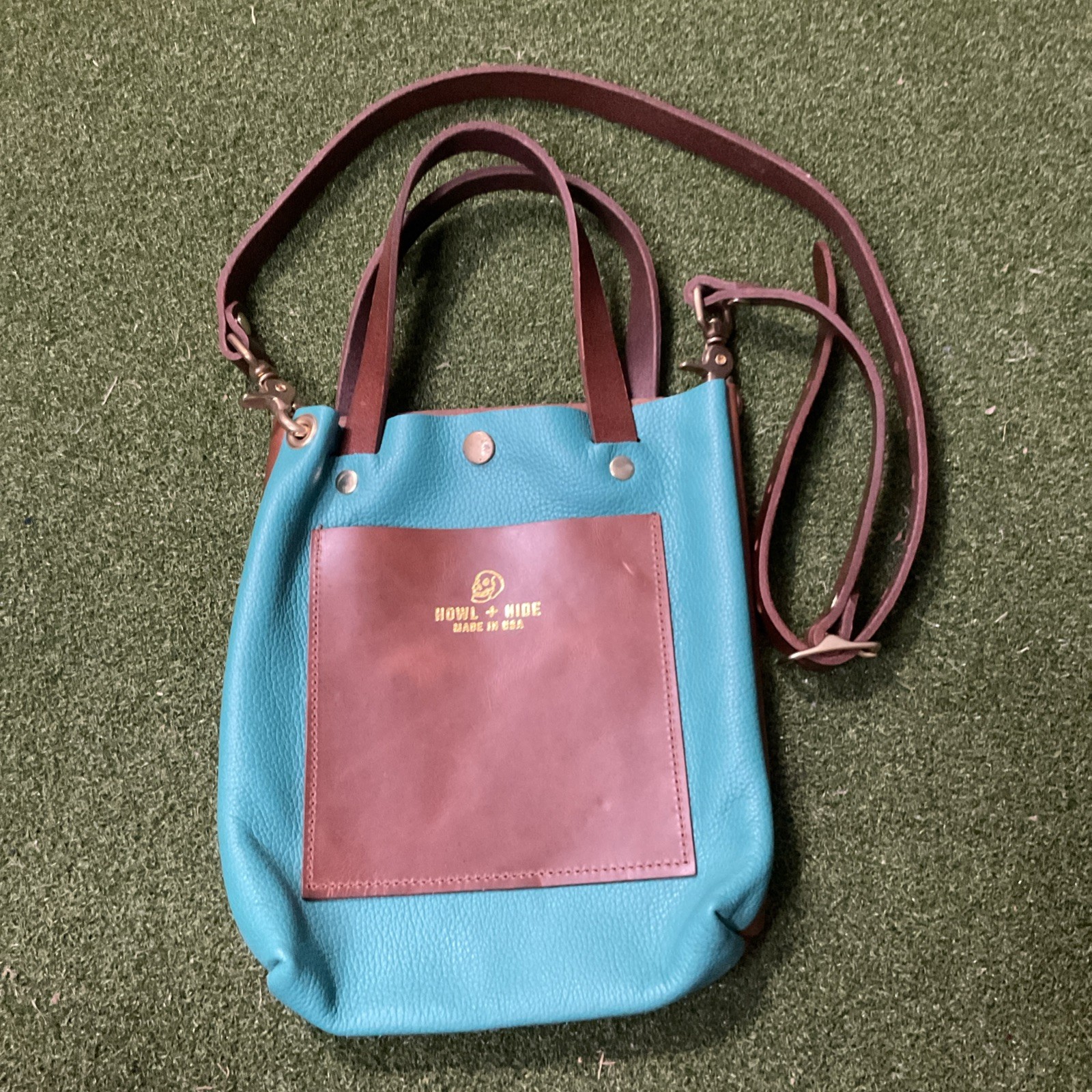 Rare Howl + Hide Made USA Leather Teal Brown Carry Bag Shoulder