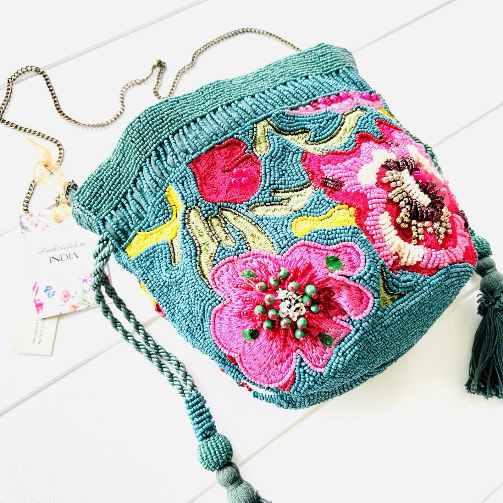 TikTok Viral India Beaded Bucket Bag Floral Embroidered Tassels Teal Crossbody