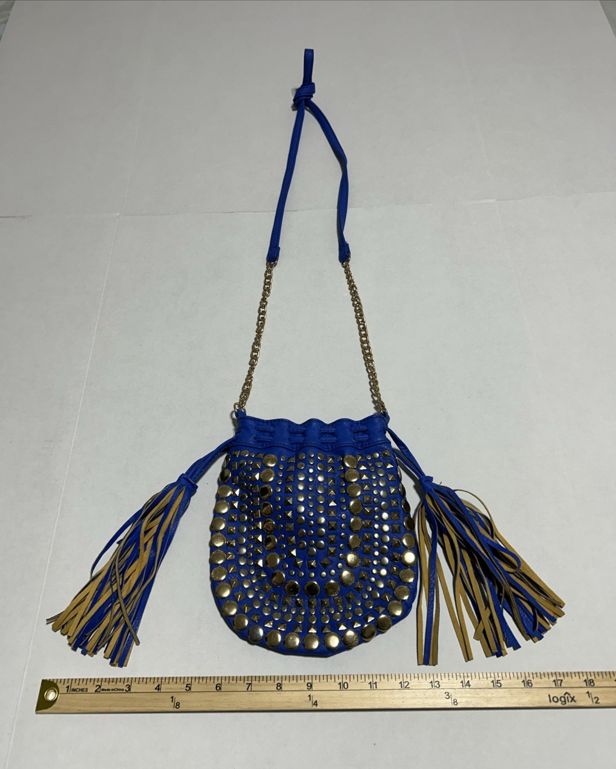 Rue21 Blue Studded Crossbody Purse Faux Leather Tassel Boho Western McBling