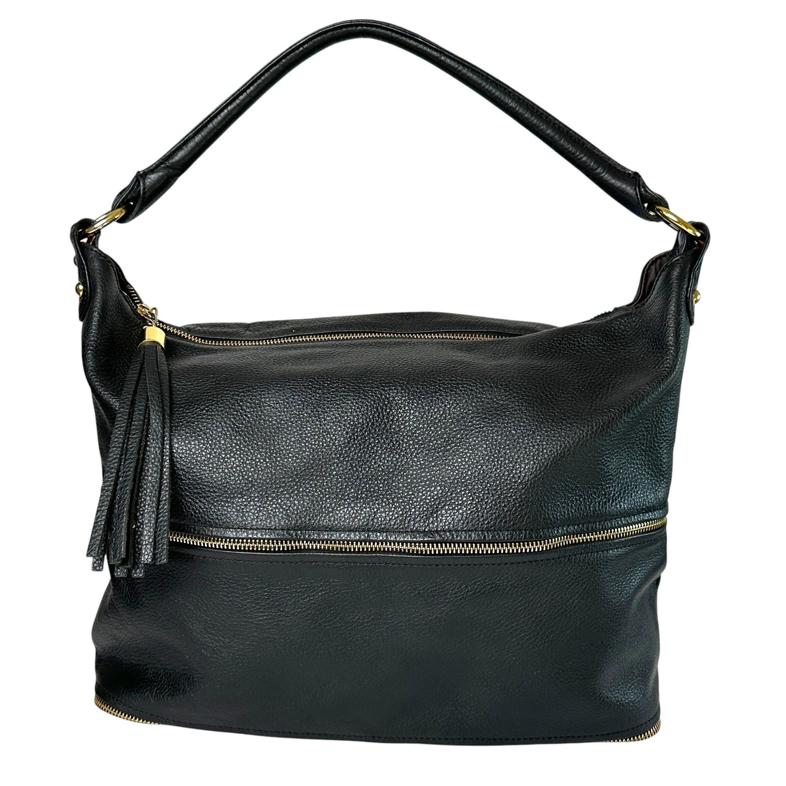 Onna Ehrlich Handbag Kemi Hobo Pebbled Leather Tassel Zip Black OS Boho Chic