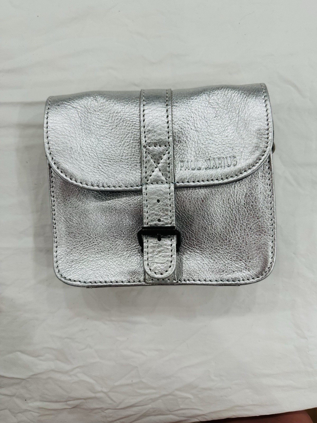 Paul Marius Silver Leather Crossbody Satchel Bag Adjustable Strap NWOT