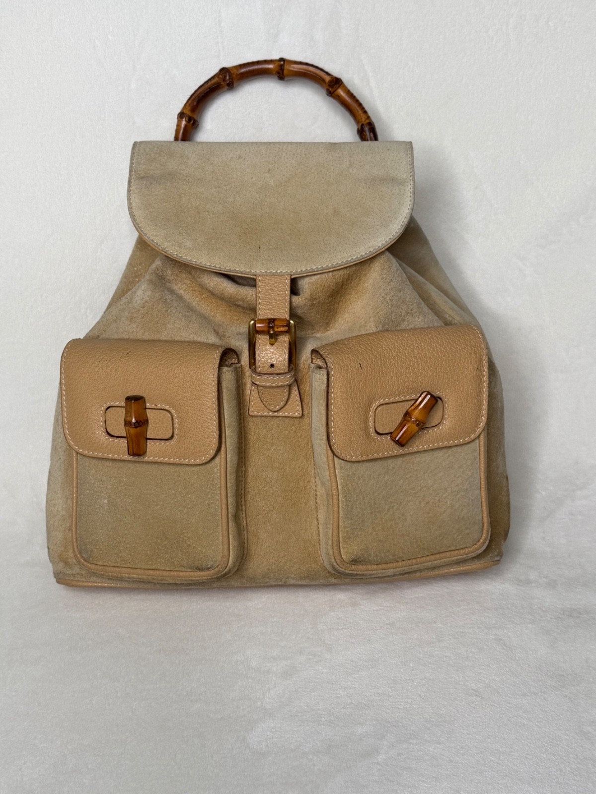 Gucci Beige Suede & Tan Leather Bamboo Handle Backpack