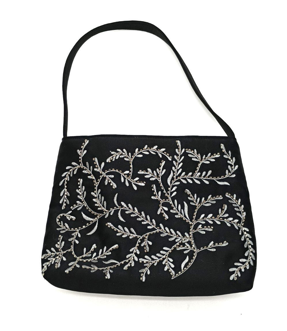 Indeed Handbag Womens Black Satin Embroidered Sequin Zip Pocket Small Boho Purse