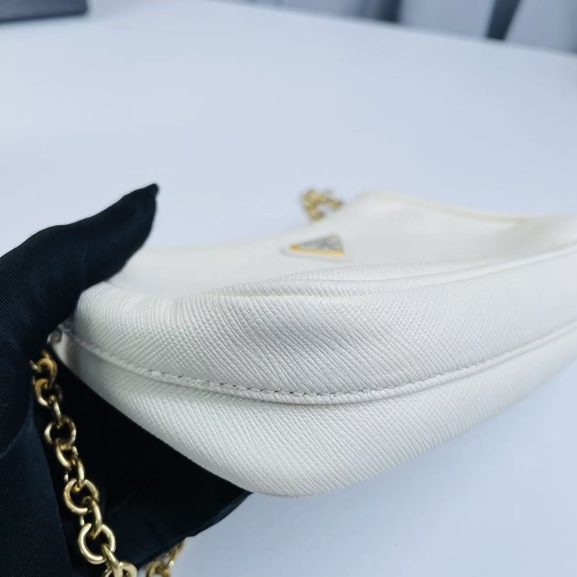 Prada Re-Edition 2005 Mini Hobo Bag White Saffiano Leather Gold Hardware 2WayBag