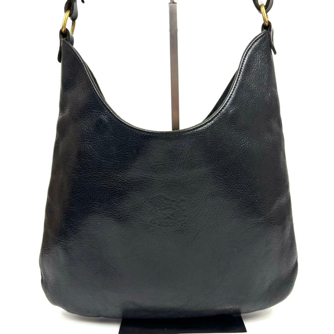 IL BISONTE Shoulder Bag Logo Embossed Black Leather Japan 0713078