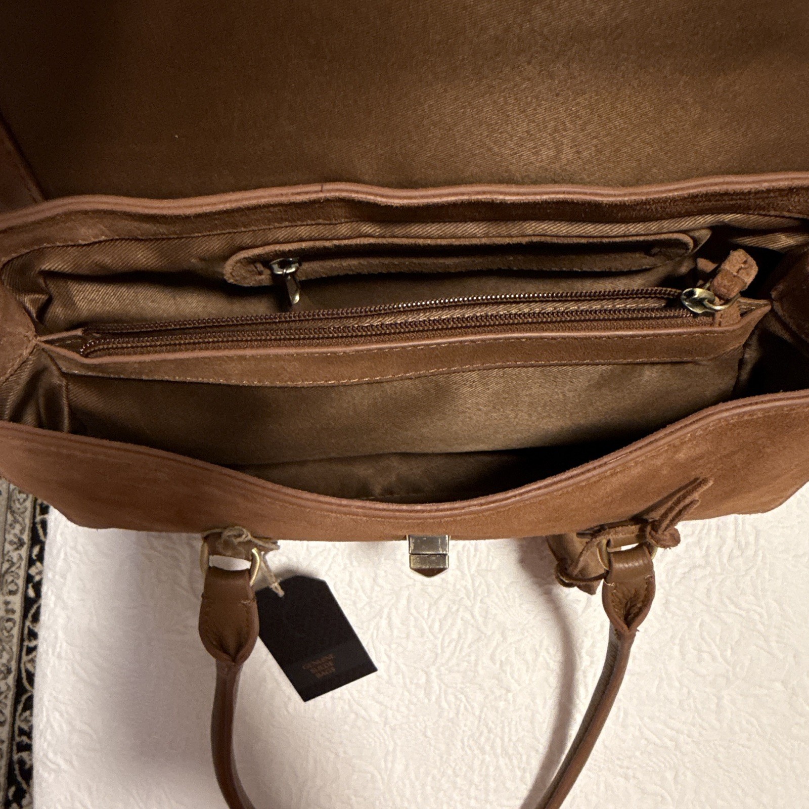 Genuine Suede Medium Brown Embossed Floral Satchel Top Handle Turn Lock Zip