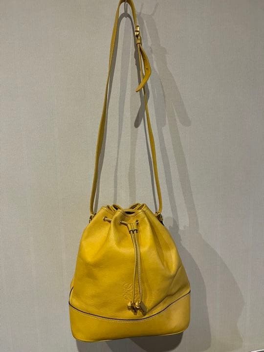 LOEWE Anagram 2-Way Drawstring Shoulder Handbag Yellow Leather Women Strap 120cm