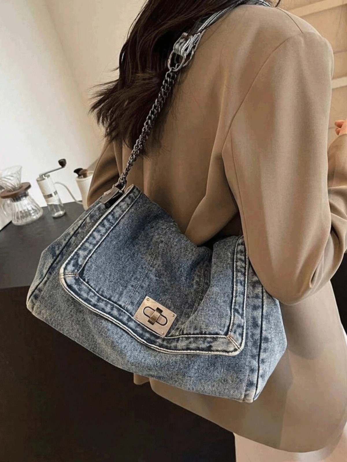 Retro Wash Denim Quilted Chain Shoulder Bag Large Crossbody Purse Women Fashion
