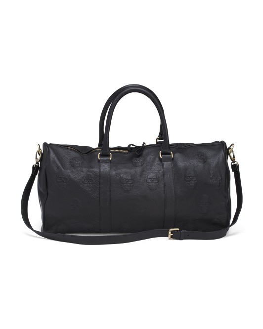 IO PELLE Black Italian Leather Embossed Skulls CROSSBODY Clutch Pouch 14×10 Goth