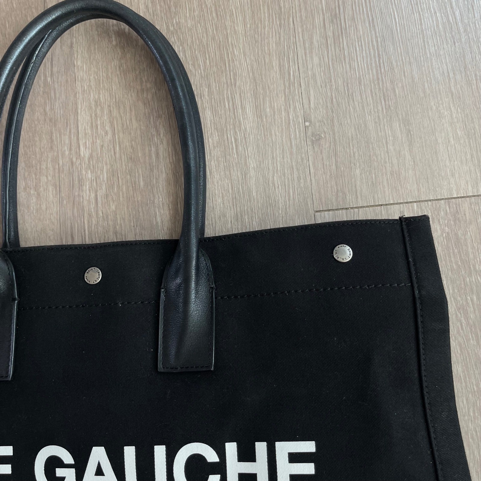 Saint Laurent Rive Gauche Tote Bag Large Black Canvas Leather Logo Chic Carryall