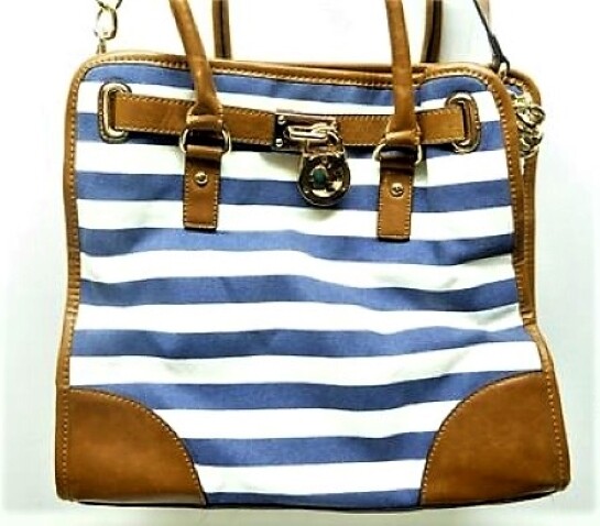 Navy Blue & Off-White Striped Canvas & Tan Leather Crossbody Handbag