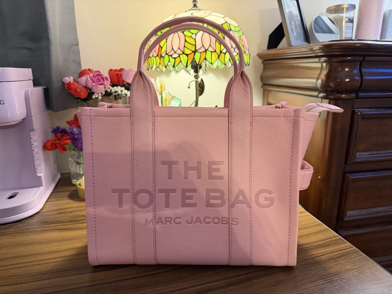 Marc Jacobs The Tote Bag Pink Medium Zip Logo Tote Top Handle Detachable Strap