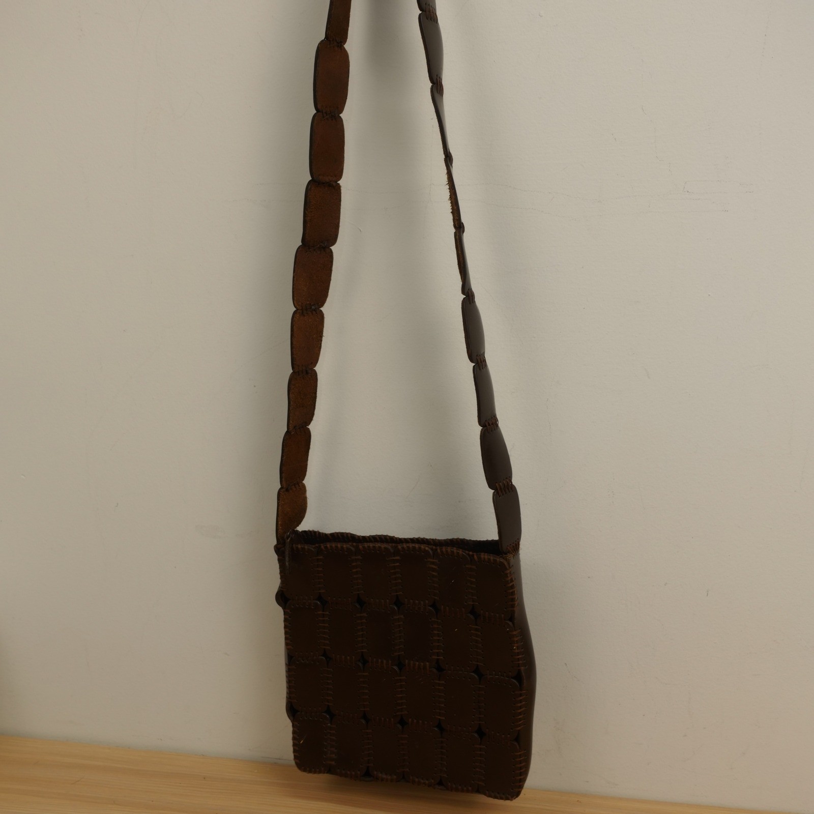 Vintage Real Leather Patchwork Crossbody Bag Brown Boho 70s Hippie JOSEPH B