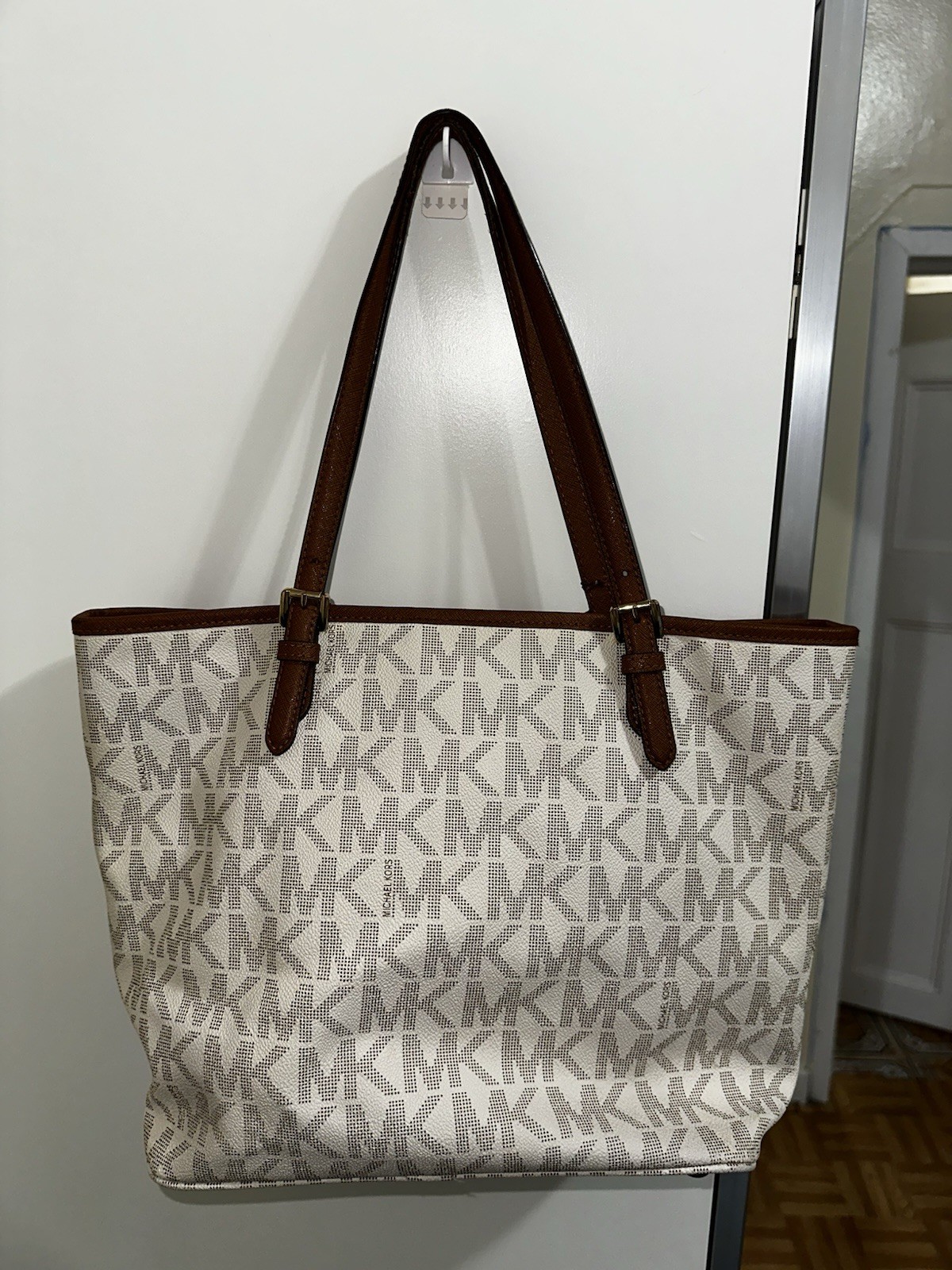 Michael Kors Large Beige/Brown Monogram Tote Zip Gold Hardware Bag Charm
