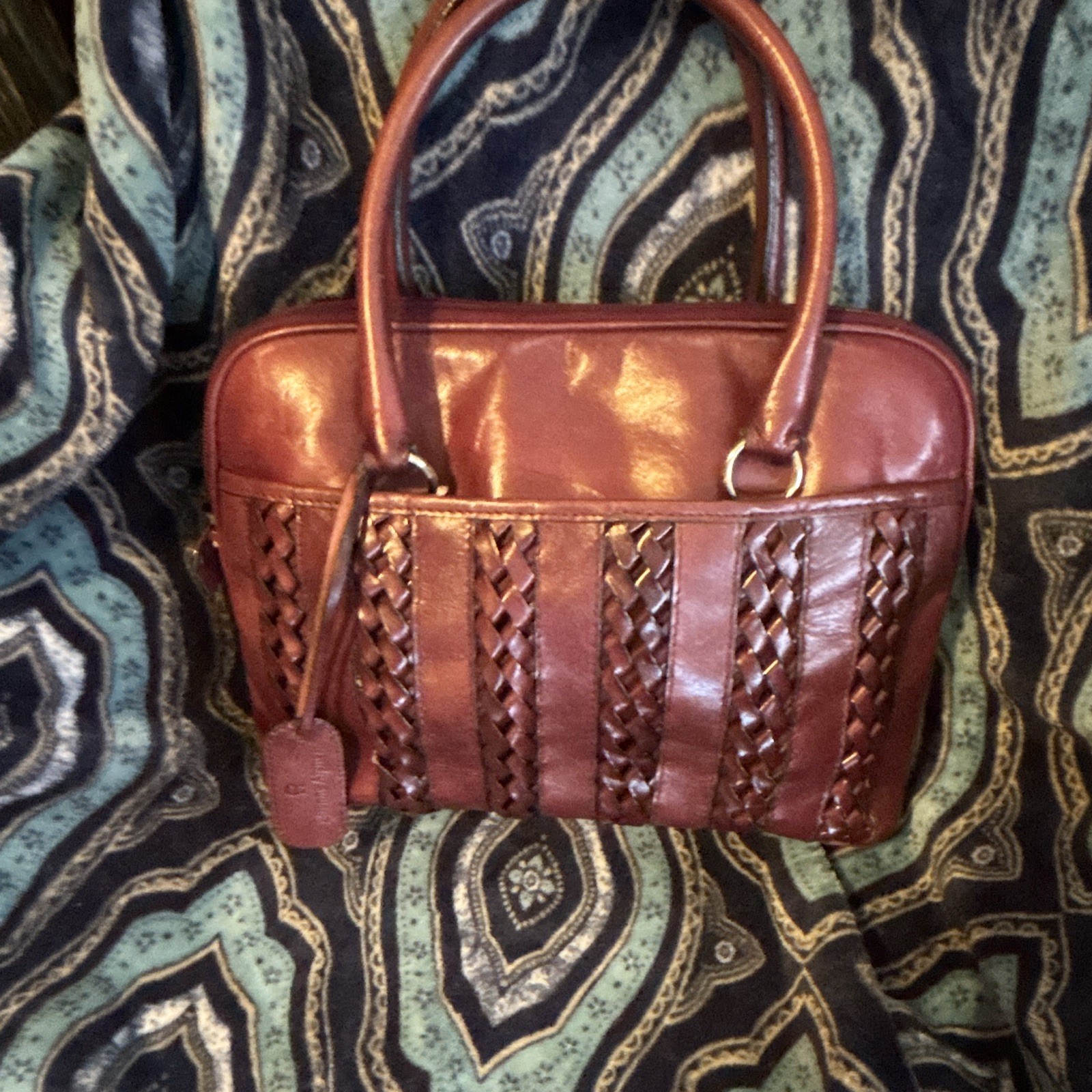 Brown Medium Woven/Braided Satchel Top Handle Zip, Lined, Gold HW Clochette