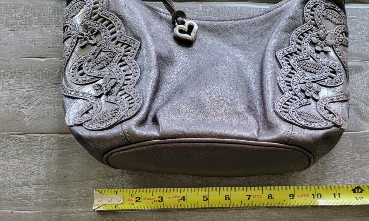 Brighton Nikki Grey Brown Leather Lace Applique Heart Charm Shoulder Purse Bag
