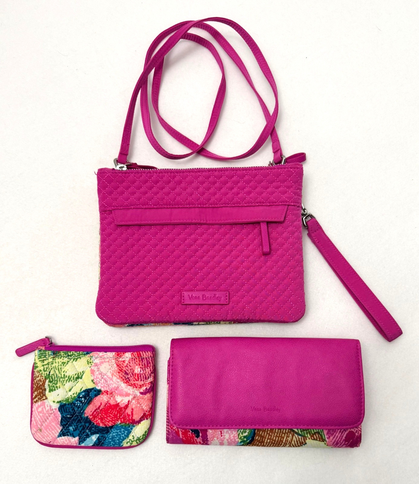 Vera Bradley Purse/Crossbody Bag Wallet Set Quilted Floral Pink Teal Blue 3 pcs