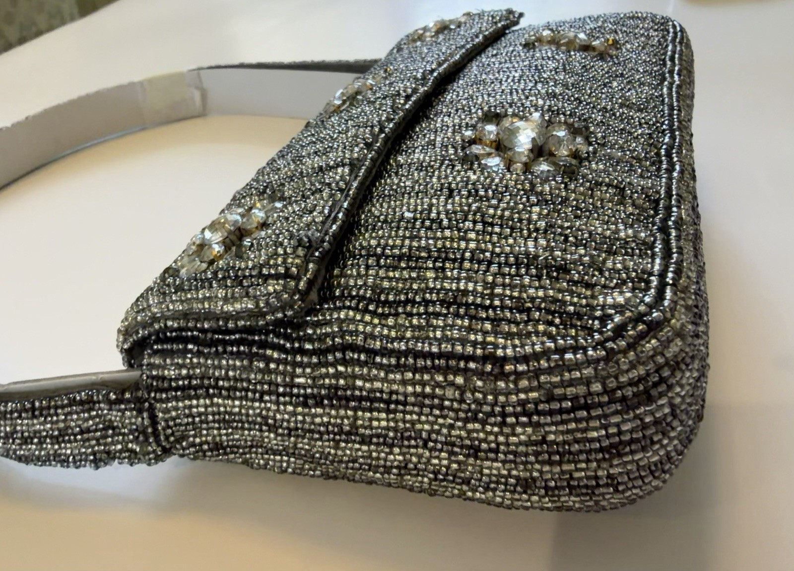 Anthropologie Fiona Shoulder Bag NWT Silver Beaded Rhinestone Crystal Evening