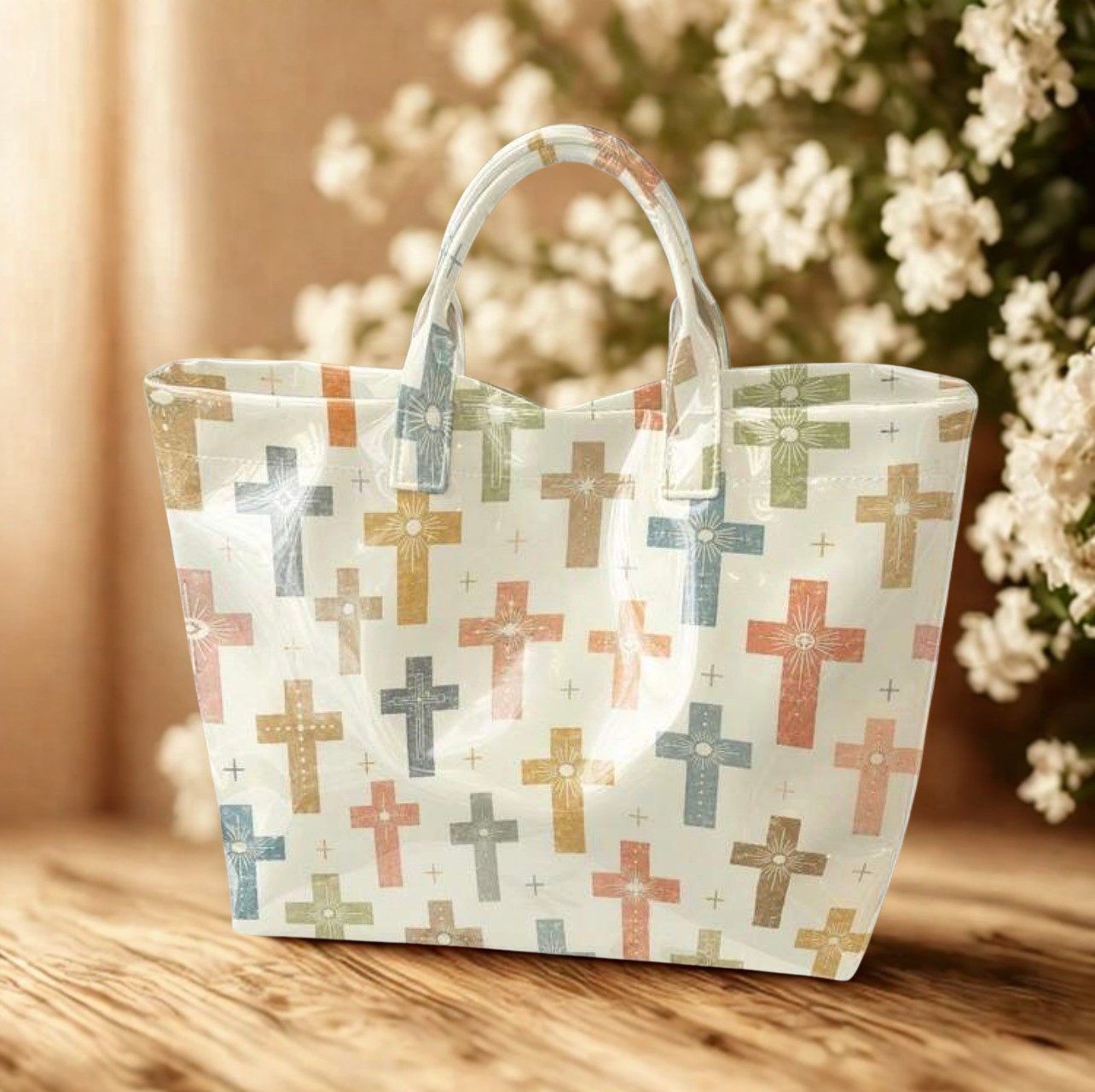 Boho Cross PVC Tote Bag Large Capacity Waterproof Christian Faith Cottagecore Gi