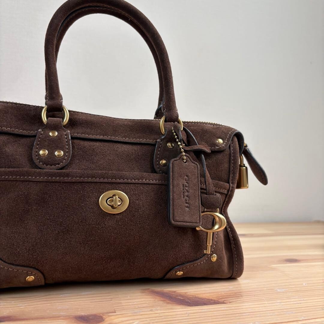 Coach Ryder Satchel Bag 24 Dark Chocolate Suede 2 Way 3 Way Brass Auth