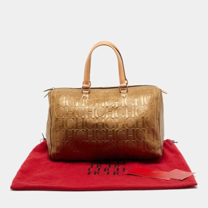 Carolina Herrera Andy Gold Monogram Embossed Leather Satchel
